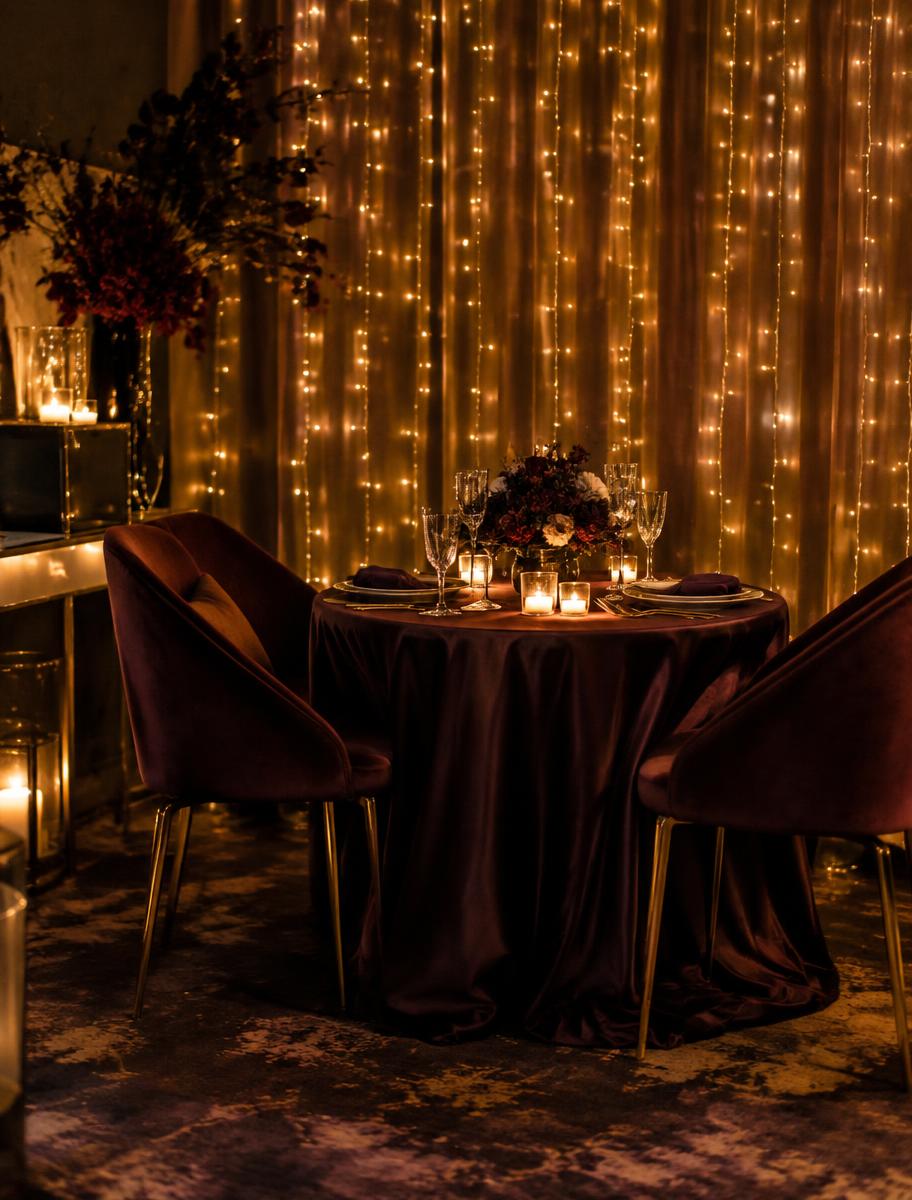 Plum velvet dinner for two with fairy light backdrop