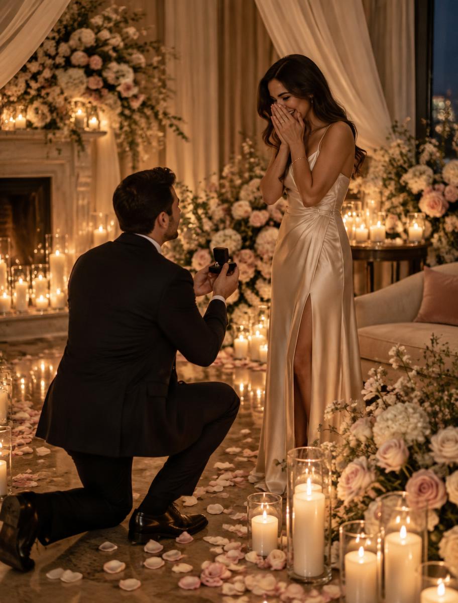 Candlelit proposal surrounded by blush roses