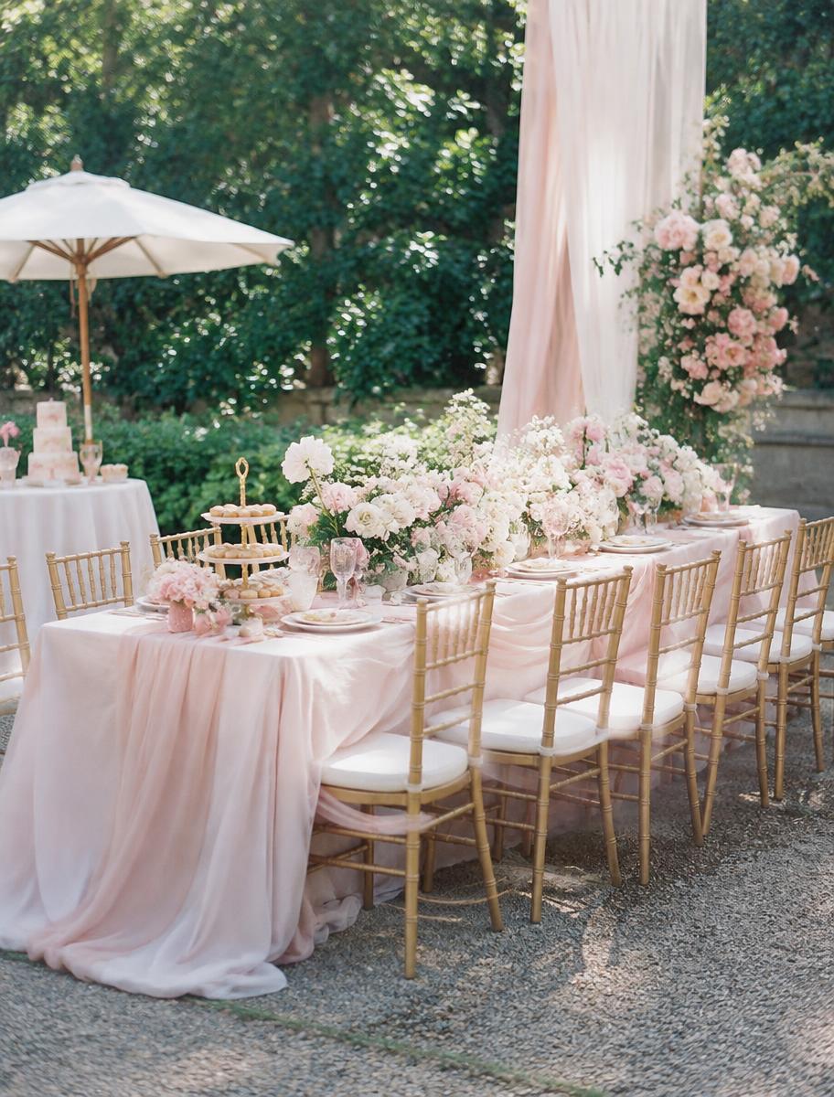 Blush garden brunch table with gold chairs