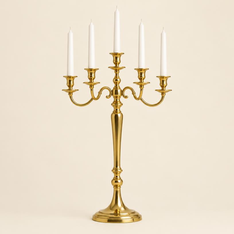 Five-arm gold candelabra